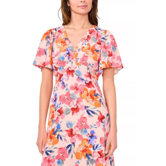 NWT MSK Flutter Sleeve V-Neck Multi Floral Print Chiffon Dress Womens Size Small - Picture 3 of 16